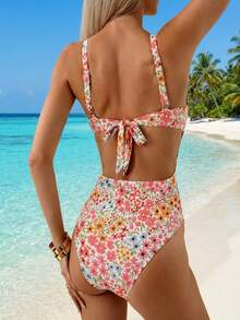 Loral Print Wide Strap One-Piece Swimsuit Tummy Control Bathing Suit Beach Vacation Hot Spring - Nhiều màu - Xem 2