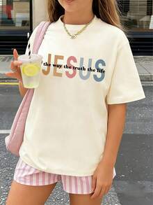 1 pièce T-shirt à manches courtes avec imprimé Jésus pour jeunes filles, vêtement pour étudiants et jeunes, Top d'été préparé pour les filles qui vont jouer - Nude - Voir 3