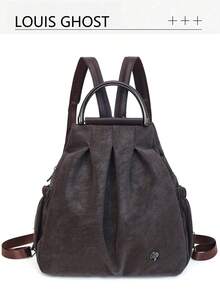 "Brown Faux Leather Ruched Backpack With Metal Ring Handle & Camellia Detail - Casual Daily Commute Bag For Women" - Multicolor - View 2