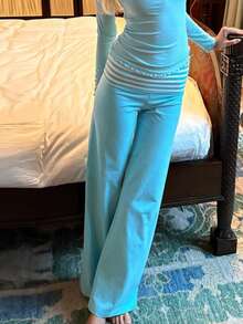 Women Y2k Striped Fold Over Pants Low Rise Yoga Pants Lounge Bottoms Color Block Wide Leg Flare Leggings Sweatpants - 藍色 - 查看 3
