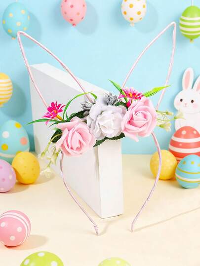 1个女孩兔耳朵花朵发箍，粉白相间复活节快乐发箍，甜美兔耳朵发箍，送给女孩和青少年的可爱礼物，春夏节日派对发饰