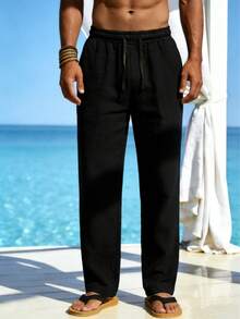 Pantalones de lino sueltos con cordón y bolsillo, unicolor, casuales, cómodos para primavera, verano, otoño e invierno - Negro - Ver 3
