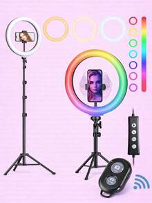 Aro de Luz LED RGB Profesional 10" | Multicolor + Luz Cálida y Fría | Ajuste 360° con Soporte para Celular | Incluye Tripié Ajustable hasta 2 m | Foto, Video, Streaming y Maquillaje - Multicolor - Ver 1