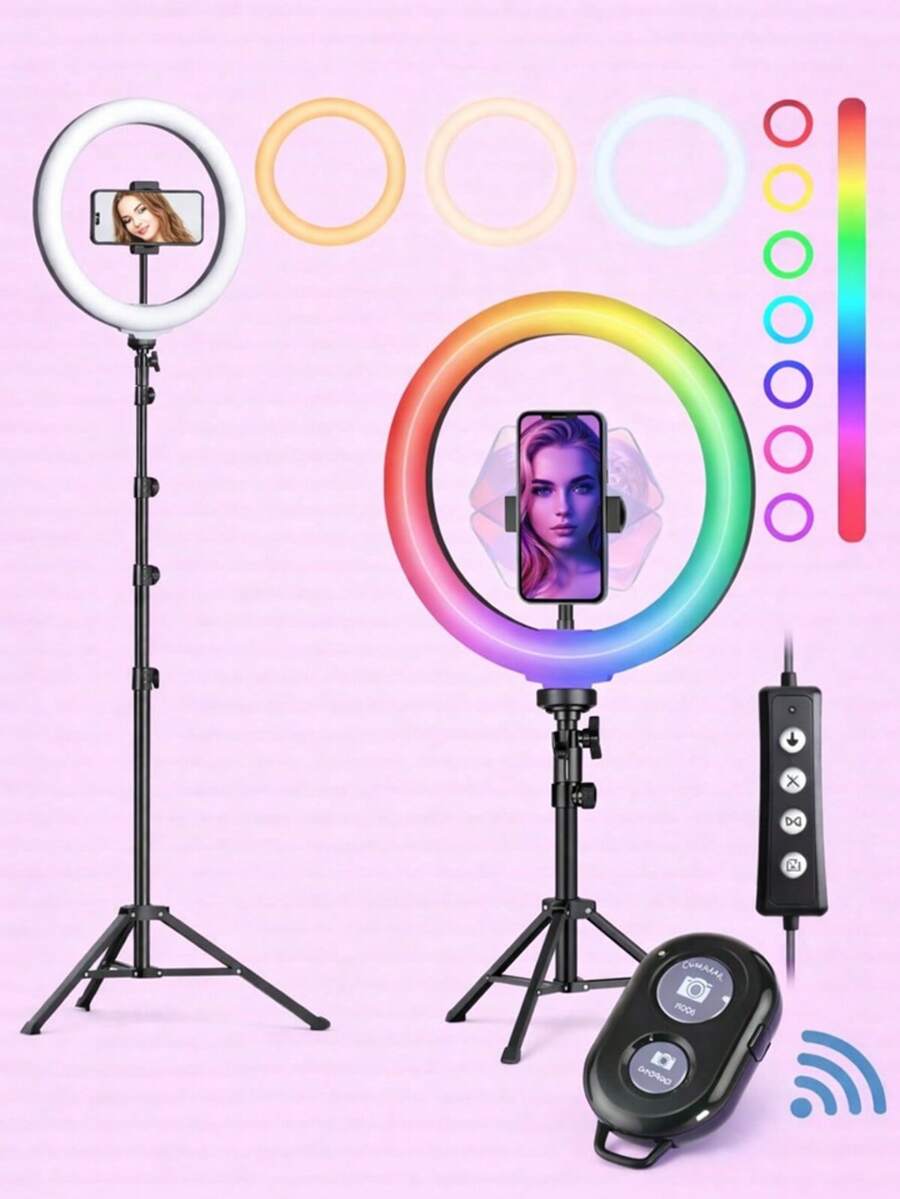 Aro de Luz LED RGB Profesional 10" | Multicolor + Luz Cálida y Fría | Ajuste 360° con Soporte para Celular | Incluye Tripié Ajustable hasta 2 m | Foto, Video, Streaming y Maquillaje - Multicolor - Ver 1