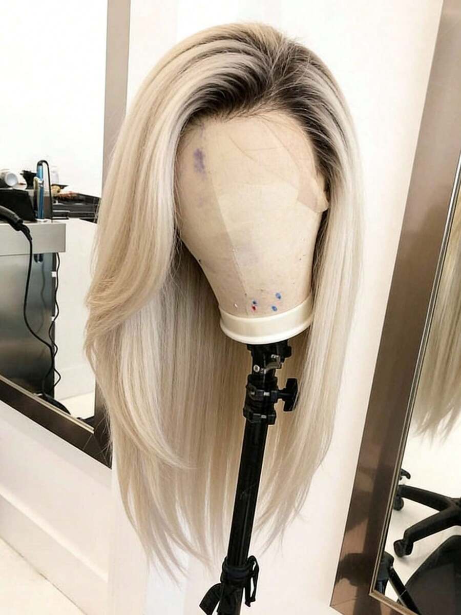 Ombre Brown Roots Ash Blonde 250 Density Lace Front Wigs Human Hair Long Straight Glueless Wigs Human Hair Pre Plucked Bleached Knots 13x4 HD Transparent Silky Straight Lace Frontal Wig For Women - 根根分明與漸層 - 查看 1