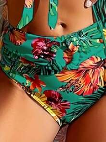Women's 3-Piece Summer And Beachwear Set, Includes Push-Up Bra Top With Scarf, High-Waisted Panties, And Chiffon Dress With Random Print, Stylish Bikini Swimsuit - 深藍色 - 查看 8