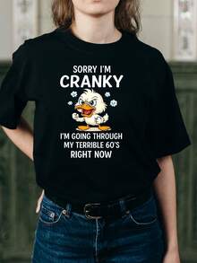 1pc Women' Angry Duck Cartoon Print Black TShirt, Crew Neck, Casual Cotton Tee Medium Stretch Knit Fabric, Regular Fit For Female Ladies For Spring/Summer/Fall Valentine' S Day, Mother' S Day, Independence Day - Black - View 2