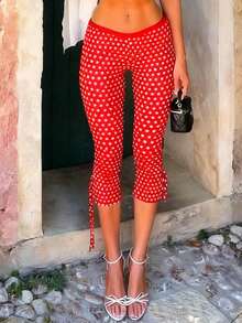 Women Skinny Capri Leggings Y2k Polka Dots Printed Bow Tie Up Knee Length Capris Pants Elastic Waist Slim Fit Cropped Trousers - 紅色 - 查看 1