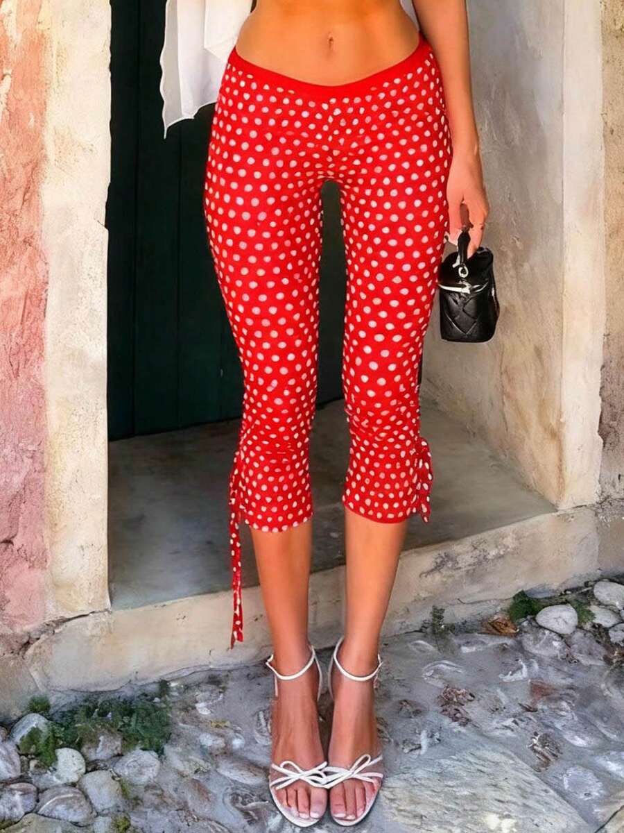 Women Skinny Capri Leggings Y2k Polka Dots Printed Bow Tie Up Knee Length Capris Pants Elastic Waist Slim Fit Cropped Trousers - 紅色 - 查看 1