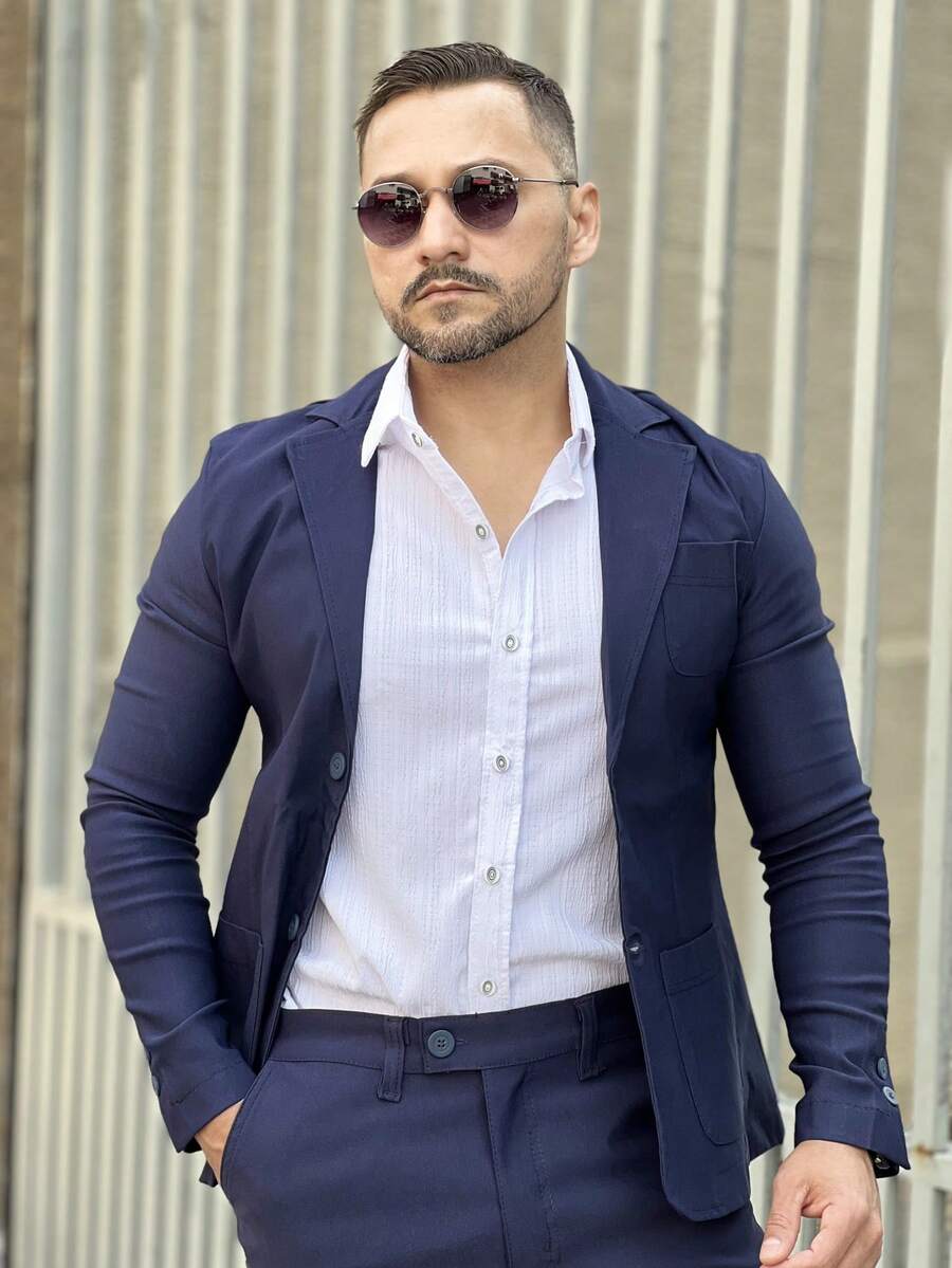 OLP Men's Formal Blazer With Elastane - Elegant - Navy Blue - View 1