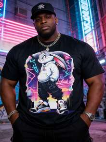 Plus Size Men's Black T-Shirt, Short Sleeve Cyberpunk Neon Element & Rabbit Graphic Print Casual Round Neck Plus Size Short Sleeve Tee, 100% Polyester, Plus Size Activewear - Multicolor - View 1
