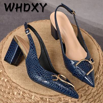 Women's Navy Blue Snake Skin Pattern Chunky Heel Sandals, Metal Buckle Pointed Toe Backless High Heels, Niche Luxury Commuter Pumps