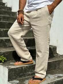 Men's Casual Solid Color Pocket Drawstring Loose Linen Pants, Comfortable For Spring, Summer, Autumn And Winter - Beige - View 3