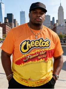 橙色火焰印花加大码男式短袖 T 恤，透气时尚加大码 T 恤 - 彩色 - 查看 2