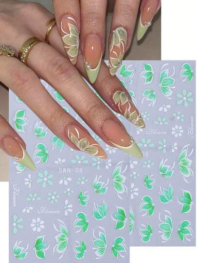 5D Green Lace Petal Nail Stickers 2pcs White Green Daisy Hibiscus Flower Line Floral Print Manicure Tips DIY Fresh Elegant Spring Summer Self-Adhesive Decal Slider Nail Art Decoration