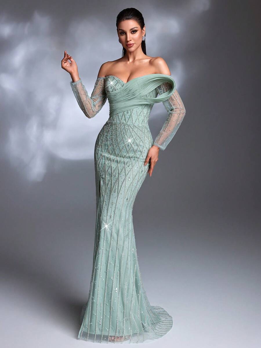 薄荷绿钻石亮片刺绣露肩扭结腰带长袖系带高开衩薄纱拖尾优雅奢华晚礼服婚纱 - 薄荷綠 - 查看 1