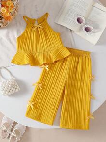 Conjunto de 2 piezas para niñas bebé con top de tirantes finos de unicolor con volantes y lazo, y pantalones rectos, adecuado para salidas diarias en primavera/verano - Amarillo - Ver 2