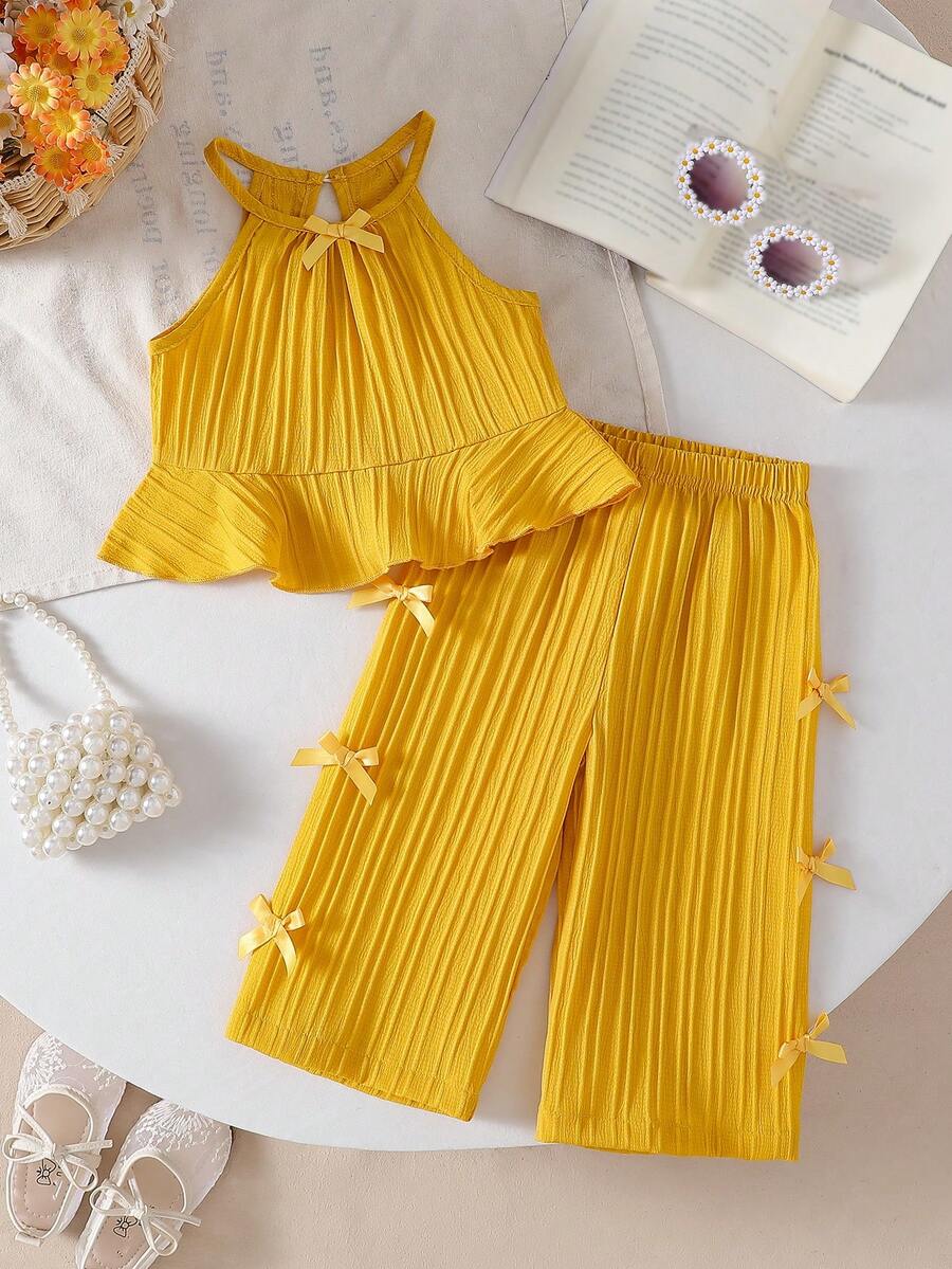 Conjunto de 2 piezas para niñas bebé con top de tirantes finos de unicolor con volantes y lazo, y pantalones rectos, adecuado para salidas diarias en primavera/verano