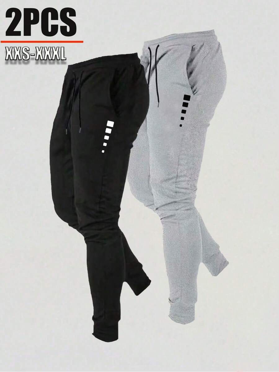 2 piezas Pantalones casuales ligeros con cordón para hombres, pantalones minimalistas de moda para deportes al aire libre en verano - Negro - Ver 1