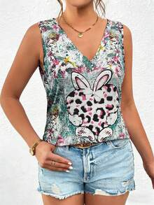 Blusa sin mangas de estilo bohemio con estampado de corazón, leopardo y conejo para mujer talla grande, ideal para primavera/verano - Multicolor - Ver 7