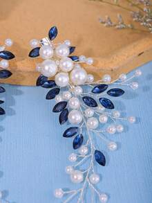 2pcs/Set Women's Handmade Pearl, Proteins & Glass Rhinestone Hair Clip For Bridal Wedding Headpiece, Elegant Sparkling Bohemian Casual Copper Alloy Bride Hair Accessories, All Season, Claw Clips,Summer,Holiday,Travel - Xanh đậm - Xem 4