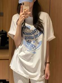 女士夏季宽松圆领休闲字母、波浪和爱心印花短袖T恤 - 白色 - 查看 2