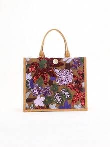 1 chiếc túi tote vải lanh phối lưới và đính sequin nhiều màu sắc, thiết kế thêu hoa lá thời trang, túi đeo vai vuông dung tích lớn, túi mua sắm phong cách thường ngày cho kỳ nghỉ (Họa tiết hoa được phân bố ngẫu nhiên) - Màu tím - Xem 4