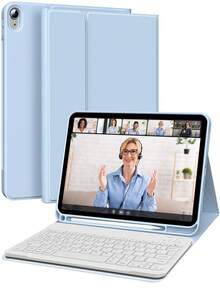 Funda con teclado compatible con iPad (A16) de 11 pulgadas de la 11.ª generación (2025), también compatible con iPad de 10.2 pulgadas de la 9.ª/8.ª/7.ª generación, Air 4/5/6, 10.9/11 pulgadas, Pro 11. Admite suspensión/activación automática, teclado inalámbrico Bluetooth desmontable, batería integrada de 150 mAh, diseño de soporte delgado, con ranura para lápiz óptico - Azul claro - Celeste - Ver 2