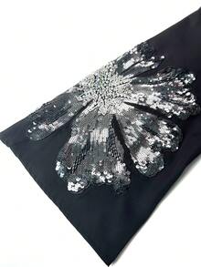 Vestido formal de satén con cuello alto, manga larga, estampado aleatorio y cuentas hechas a mano para mujer SUPGIR - Negro - Ver 9