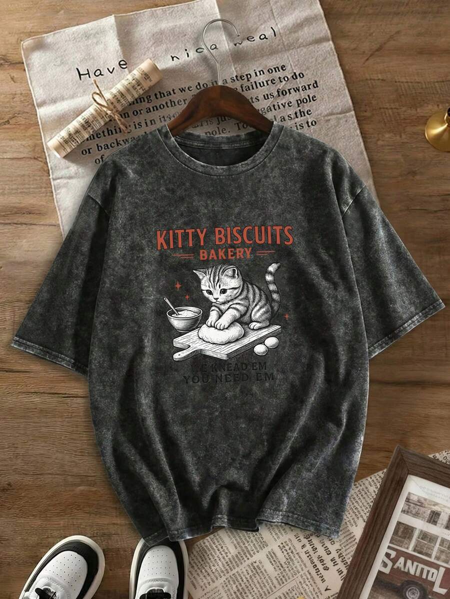 大码女式猫咪拉面印花T恤，圆领短袖，复古做旧风格，黑色休闲夏季上衣 - 黑色 - 查看 1