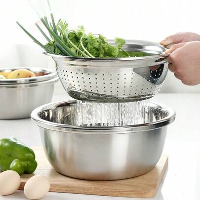 2pcs Stainless Steel Micro-Perforated Filter And Bowl Set - Thick, Large Capacity, Dishwasher - For Washing Vegetables, Fruits, Rice And Draining Cooked Pasta