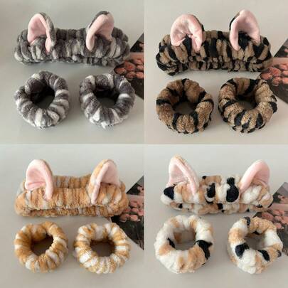 MIRA 3-Piece Women's Headband & Wristband Set With Plush Ears – Striped Leopard Print – Face Washing & Makeup Headbands – Proof Sleeves & Wrist Cuffs For Skincare Routine