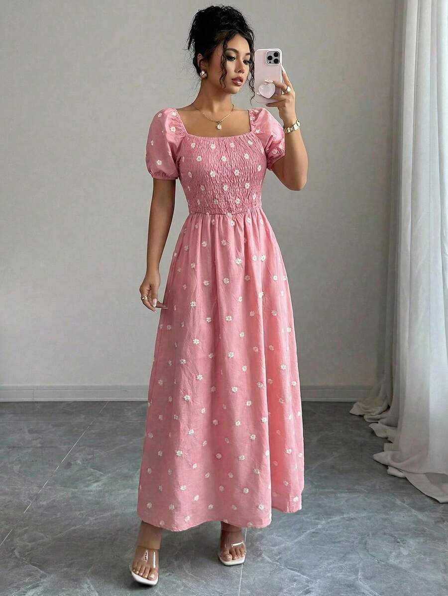 Vestido Longo Estampado Primavera Elegante Forrado com Elastec, Mangas Curtas Bufantes, Moda Primavera Verão - Rosa chiclete - Visão 1
