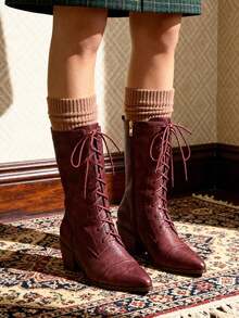 Women's Retro Pointed Toe Boots Fashion Block Chunky Heels Side Zipper Lace-Up Casual Party Dress Fall Vintage Mid Calf Boots Woman - 酒紅色 - 查看 10