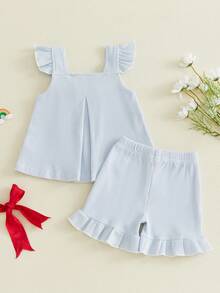 Toddler Baby Girl Clothes Summer Linen Outfit Bows Ruffle Vest Shirts + Ruffled Short Set 12 18 24 Month 2T 3T - Blue - View 7