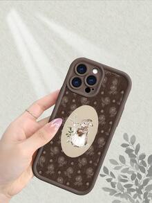 Funda de teléfono vintage con estampado de conejo y flores de estilo francés rústico, textura de arpillera estética de Cottagecore con borde crema resistente a golpes y protectora para iPhone 17, 16, 15, 14, 13, 12, 11, 7, X, Pro Max, Plus - Café integral - Ver 4