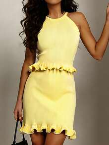 Spring/Summer Women's Fashion: Elegant Urban Modern Casual Everyday Simple Commuting Beach Vacation Duck Yellow Ribbed Hem Ruffled Contrast Trim Sleeveless Off-Shoulder Round Neck Knit Top With Ruffled Contrast Hem Knit Skirt Women's Duck Yellow Knit Two Pieces Set Outing Outfit Set Wedding Set - Yellow - View 4