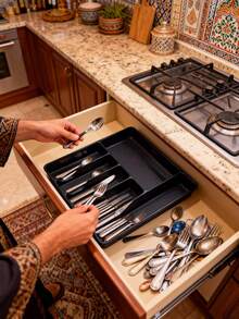 1pc Flat Cutlery Tray, Kitchen Spoon Holder Rack, Silverware Organizer, Kitchen Storage Rack, Drawer Compartment Cutlery Box, In-Cabinet Knife Fork Chopstick Holder, Kitchen Utensil Organizer, Drawer Knife Fork Tray - Multicolor - View 5