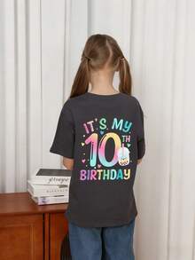 Niña preadolescente "Mi 10o cumpleaños" Estampado de dibujos animados, adecuado para ropa de actividad, uso diario, ropa de fiesta, regalo de cumpleaños para niña preadolescente, fiesta de cumpleaños, regalo ideal para celebración de cumpleaños, blusa de verano de moda para niña preadolescente - Gris Oscuro - Ver 2