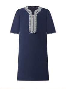 Elegant Moroccan Traditional Style Muslim Men's Kaftan Robe Gandoura Middle Sleeve Thobe For Prayer Traditional Islamic Weddings Wear Festivals Cultrual Clothing North Africa Abaya Traditional Islamic Long Robe - Navy Blue - View 2