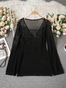 Sexy Black Chic Hollow Out Flare Sleeve Knit Sweater Top With Ring Design, Suitable For New Year, Vacation, Outing, Commute, Date - Black - View 6