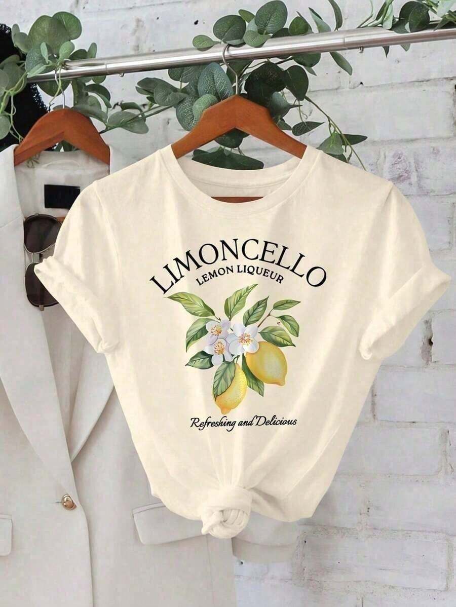 Camiseta Feminina Blusa T-Shirt Estampada Limoncello Fruta Limão de Verão com Manga Curta, Gola Redonda 100% Algodão - Caqui - Visão 1