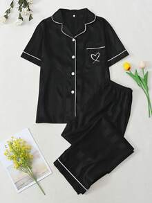 2pcs Striped Subtle Textured Satin Short-Sleeve And Pants Pajama Set - Spring/Summer Comfortable Casual Loungewear Set - Black - View 8