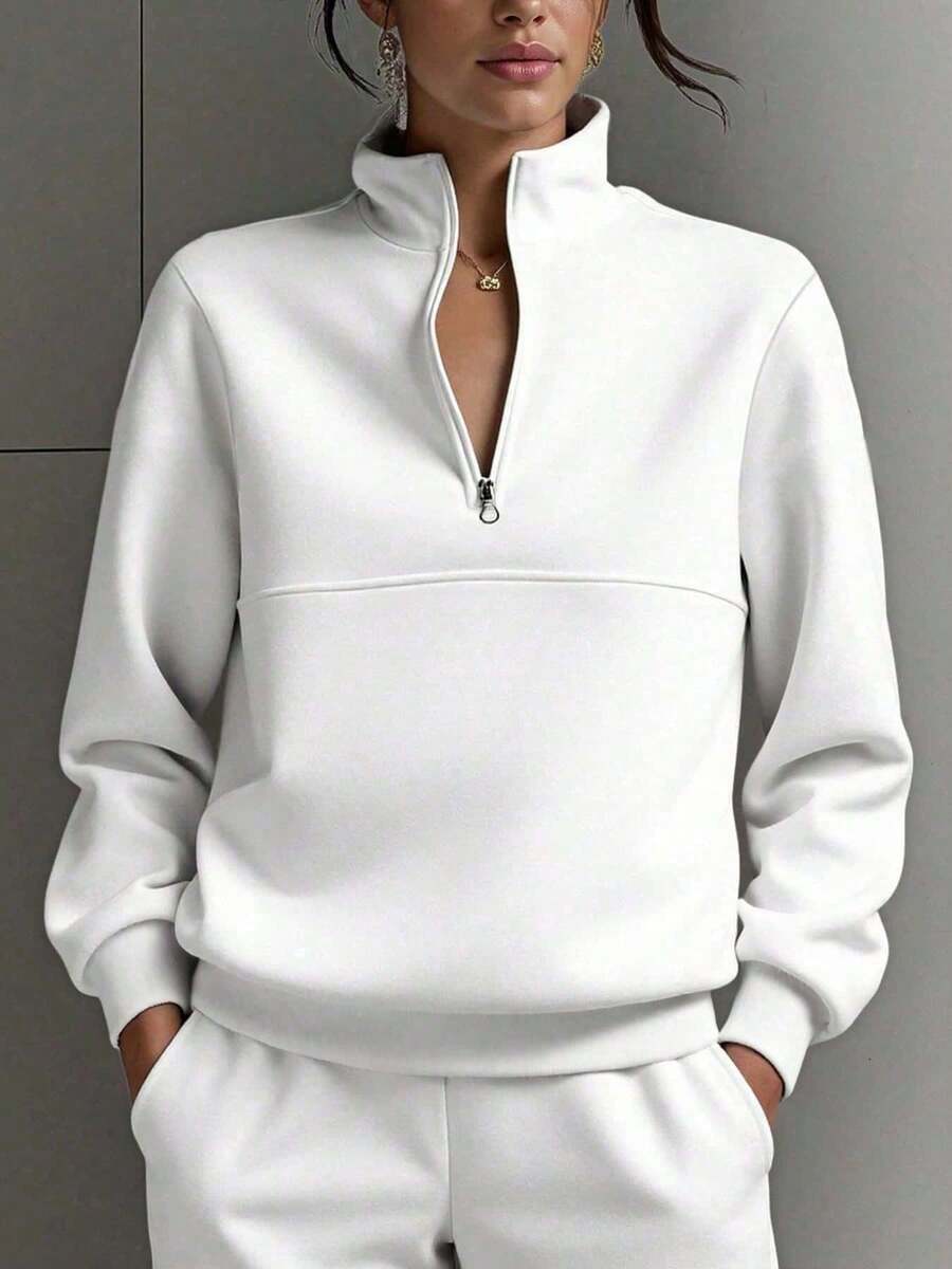 女款淺藍色 1/4 拉鍊套頭運動衫，長袖聚酯纖維標準長度上衣，適合秋冬時尚穿搭，白色休閒風