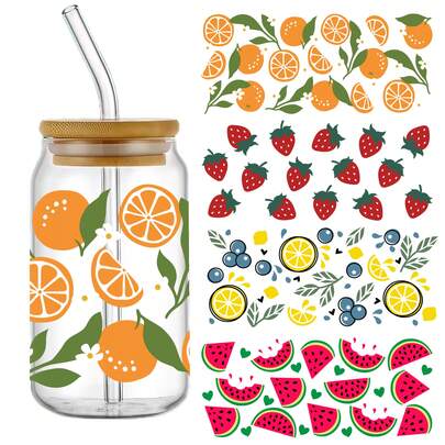 4pcs/Set Of Orange Strawberry Watermelon Lemon UV DTF Cup Packaging Decals, Self-Adhesive Paper Suitable For Cups And Water Bottles, Useful Stickers For Home Decoration. DTF Transfer Stickers Are Suitable For 16 Oz Glass Packaging