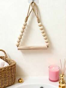 No Drill Vintage Rope & Wooden Bead Design Rustic Style Wooden Toilet Paper Roll Holder, With Jute Rope And Wooden Beads, Wall-Mounted Bathroom Tissue Dispenser, Designed For Wall, Easy To Install, Adhesive Bathroom Accessory - Multicolor - View 2