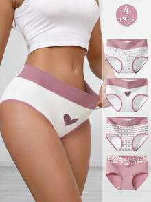 4-Piece Set Of Pink Hearts Underwear Women High Waist Comfort Ropa Interior De Mujer Autumn And Winter Seasons Cotton Underwear Women High Quality Panties For Women - 彩色 - 查看 1
