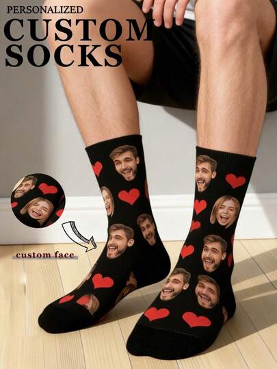 1 par de calcetines casuales de media pantorrilla de unicolor con impresión personalizada de retrato con forma de corazón para hombres, calcetines con impresión de foto de Body completo personalizada, adecuados para el Día de San Valentín, para uso en casa, casual y deportivo, calcetines deportivos de media pantorrilla para hombres