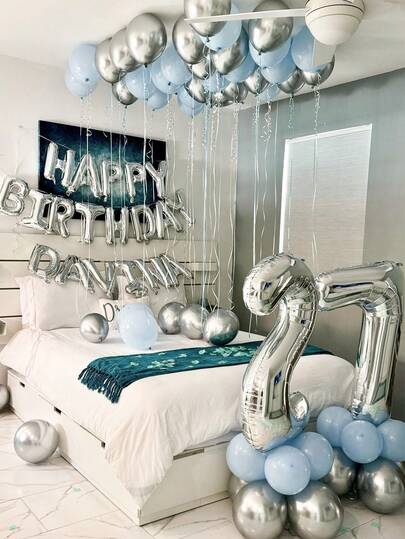 48pcs/Set 16-Inch Silver "Happy Birthday" Letter Foil Balloons Set, Includes Macaron Blue & Silver Latex Balloons, For Happy Birthday English Letter Decoration, Party Scene Decor, Birthday Party, Wedding, Graduation Celebration