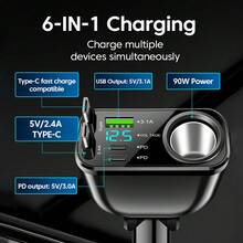 6合1 150W车载点烟器充电器，支持快速充电，配备70厘米可伸缩Type-C转Type-C数据线 - 均碼 - 查看 3